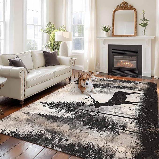 Elk 8'x10' Large Area Rugs, Deer Silhouette Washable Area Rugs Non-Slip Indoor Floor Mats Large Carpet for Living Room Bedroom Dining Room