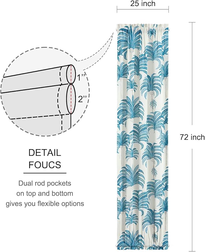 VOGOL French Sidelight Door Curtains, 25 x 72 Inches Linen Textured Curtain Panels, Blue Leaves Printed Rod Pocket Drapes for Front Glass Door, 1 Piece