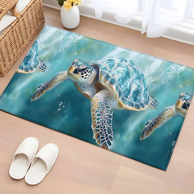 Marine Animal Entryway Rug 2'x3', Ocean Turtle Modern Art Abstract Style Small Area Rug Non-Slip Front Door Mat Washable Floor Carpet for Indoor Entrance Kitchen Bathroom