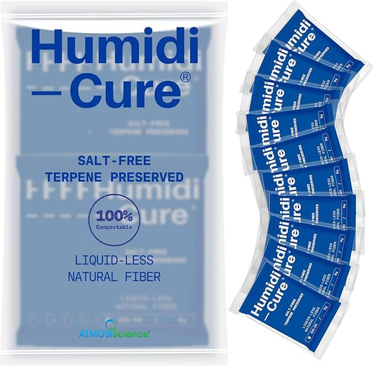 Humidi-Cure 62% RH 2-Way Humidity Packs, Size 8g, 10 Packs, Moisture Absorbers for Storing 1 oz Herbs, Humidity Control Packs Preserving Aroma and Flavor with Liquidless Plant-Fiber, Salt-Free