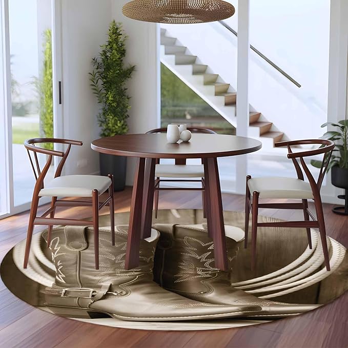 Western Cowboy Large Round Rug 7Ft, Vintage Countryside Cowboy Boots Ropes Circle Area Rugs Washable Non Slip Indoor Floor Mats Carpet for Living Room Bedroom Dining Room Home Decor
