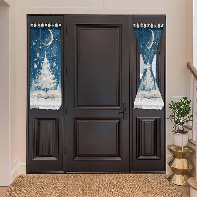 Christmas French Door Curtain Panel for Front Door, Blue Ink Night Moon White Book Xmas Trees Slidelight Door Curtains with Tieback Light Filtering Privacy Panels for Doorway Entryway 25"x 40"