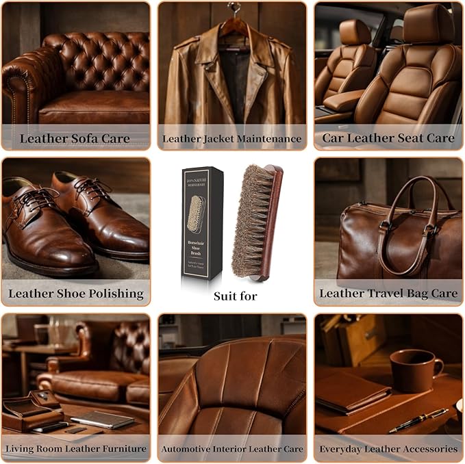 100% 7in Horsehair Shoe Brush Horse Hair Brush for Leather Boots Cleaning Polishing Buffing Shining Professional Shoe Shine Brush for Sneakers Jackets Sofas Bags Furniture Car Seats Leather Care Tool