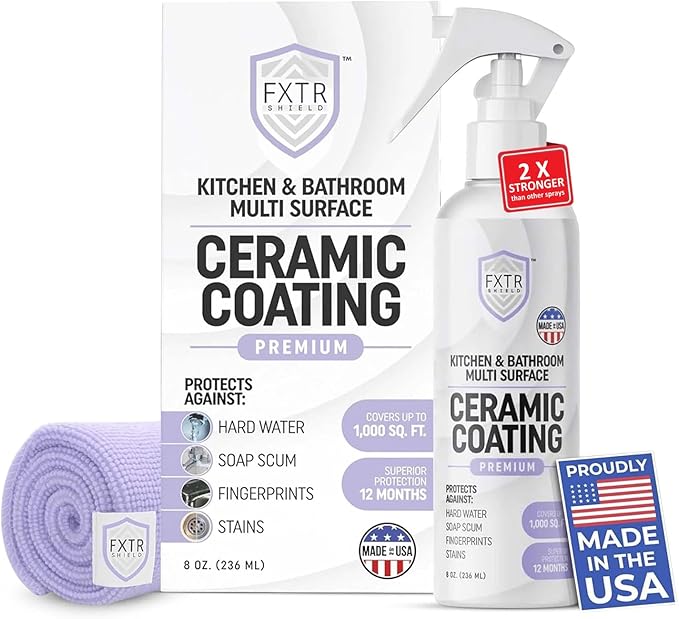 Fixture Shield Home Ceramic Coating Spray (8 oz) - SiO₂ Hydrophobic Protection for Kitchen & Bath | Repels Fingerprints, Stains & Hard Water | Extra Strength Formula | Made in USA