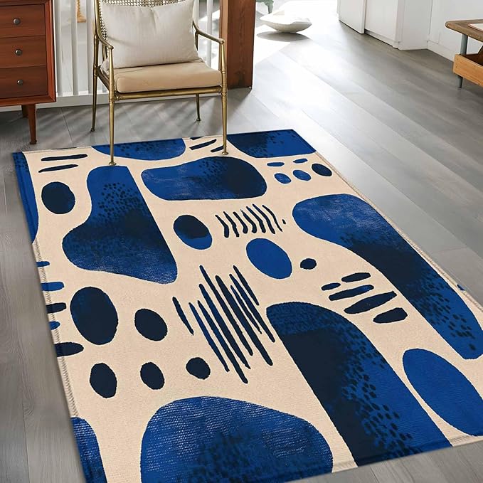 Modernism 3'x5' Area Rugs, Blue Black Geometric Abstract Style Washable Area Rugs Non-Slip Indoor Floor Mats Carpet for Living Room Bedroom Dining Room