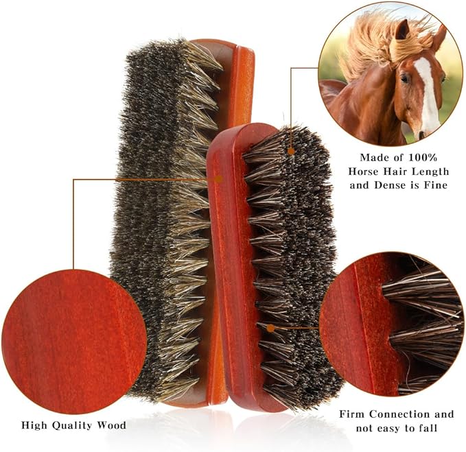 Shoe Brush, 2Pcs Shoe Cleaning Brush, Horsehair Shoe Brush, Shoe Brushes for Cleaning, Shoe Polish Brush, Boot Brush for Leather, Horse Hair Brush for Care Leather Shoes Clean Dauber Applicators