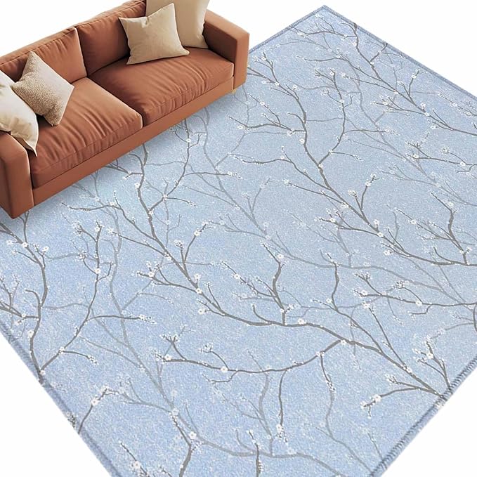 Blue Tree Branch 5'x8' Large Area Rugs, Retro Classic Art Blue Tree Branches Flower Washable Area Rugs Non-Slip Indoor Floor Mats Large Carpet for Living Room Bedroom Dining Room