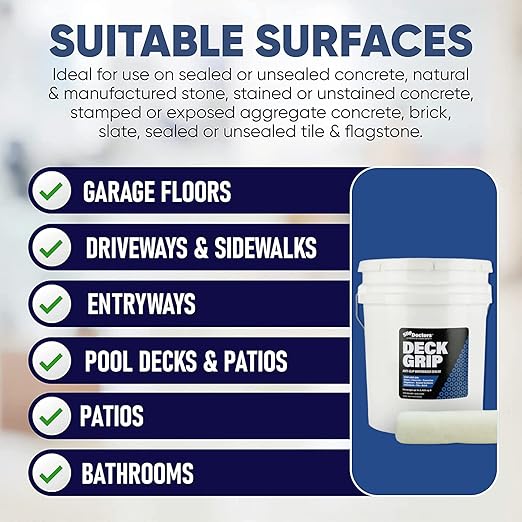 Deck Grip Non-Slip Sealer (5 Gallon) Clear Barefoot-Friendly Anti-Slip Coating - Create Traction for Outdoor or Indoor Floors and Pool Decks