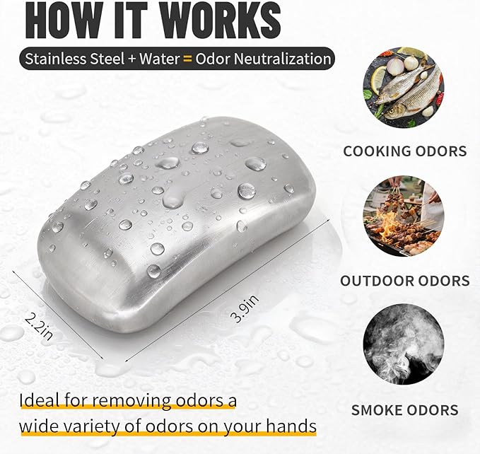 HOOPLE Stainless Steel Soap Bar for Hands, Odor Remover for Garlic, Fish & Onion Smells, Reusable Metal Soap for Kitchen, Cooking & Outdoor Use, Dishwasher Safe