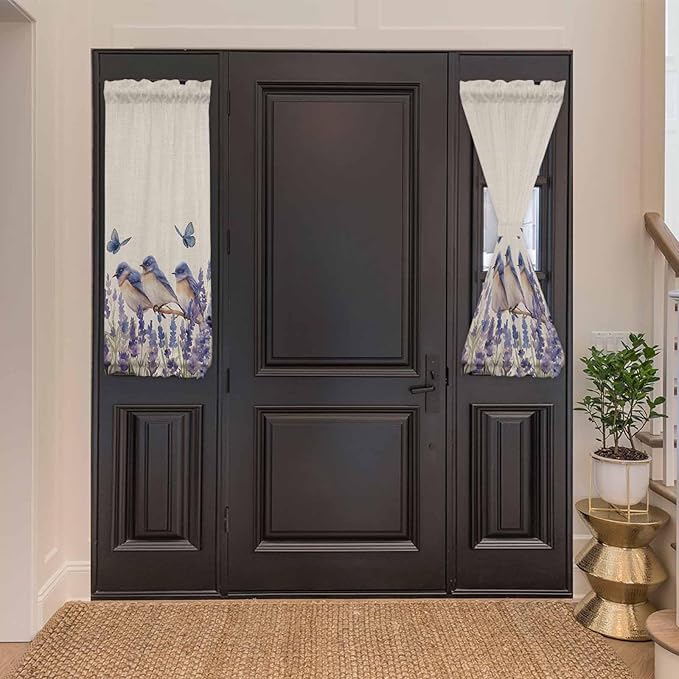 French Door Curtain Panel for Front Door, Blue Purple Bird Flower Floral Butterfly Vintage Slidelight Door Curtains with Tieback Light Filtering Privacy Panels for Doorway Entryway 25"x 40"