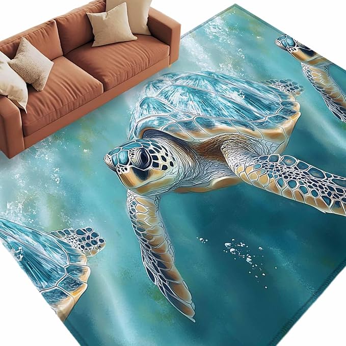 Marine Animal 5'x8' Large Area Rugs, Ocean Turtle Modern Art Abstract Style Washable Area Rugs Non-Slip Indoor Floor Mats Large Carpet for Living Room Bedroom Dining Room