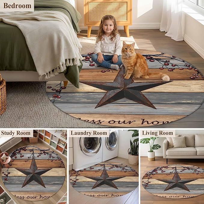 Country Stars Large Round Rug 7Ft, Vintage Rust Black Star Berry Brown Light Blue Wood Grain Circle Area Rugs Washable Non Slip Indoor Floor Mats Carpet for Living Room Bedroom Dining Room Home Decor