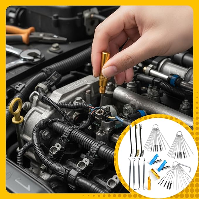 Carburetor Cleaner Kit Torch Tip Cleaner Set, Includes 3 Double Headed Brush 30 Needles 15 Nylon Brushes 1 Hexagonal Wrench 1 Scraper and 4 Cleaning Hooks 2 Aluminum Case for Motorcycle ATV
