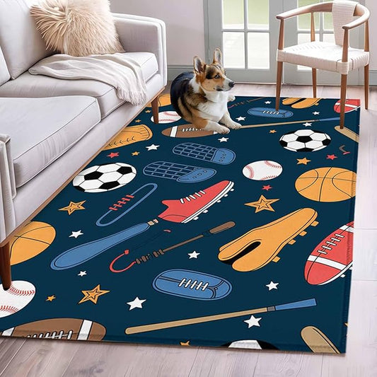 Cartoon Sports 3'x5' Area Rugs, Baseball Soccer Basketball Rugby Sneakers Washable Area Rugs Non-Slip Indoor Floor Mats Carpet for Living Room Bedroom Dining Room