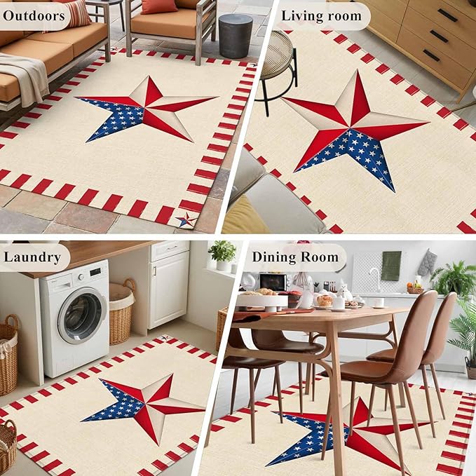 Farmhouse American Flag Pentagram 3'x5' Area Rugs, Washable Area Rugs Non-Slip Indoor Floor Mats Carpet for Living Room Bedroom Dining Room