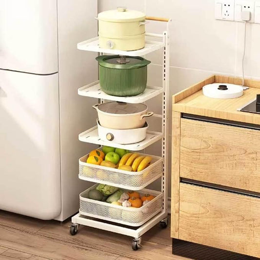 3 Tier Kitchen Storage Rack for Frying Pan Pot and Pan niser with Corner Microwave Shelf White 5 Boards 3 Baskets