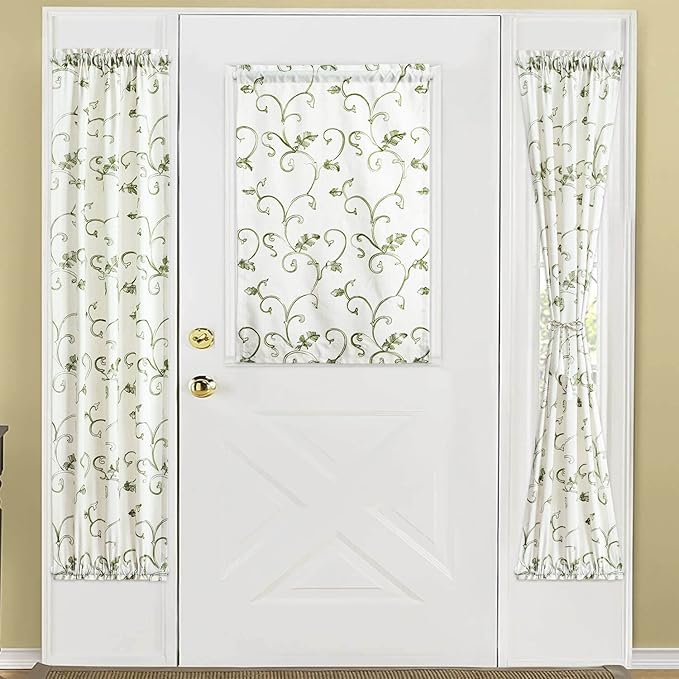 VOGOL French Door Curtains, Green Vines Embroidered Privacy Doorway Curtains, 1 Piece 25 x 72 Inches Window Treatment for Sidelight Glass Window, Rod Pocket