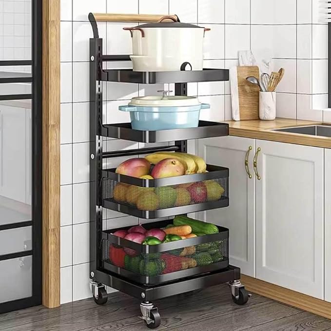 3 Tier Kitchen Storage Rack for Frying Pan Pot and Pan niser with Corner Microwave Shelf White 5 Boards 3 Baskets