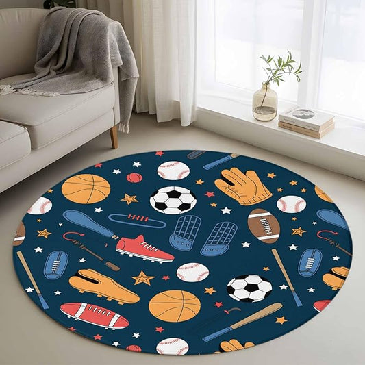Cartoon Sports Round Rug 3.3 Ft, Baseball Soccer Basketball Rugby Sneakers Samll Area Rugs Washable Non Slip Indoor Floor Mats Circle Carpet for Living Room Bedroom Dining Room Home