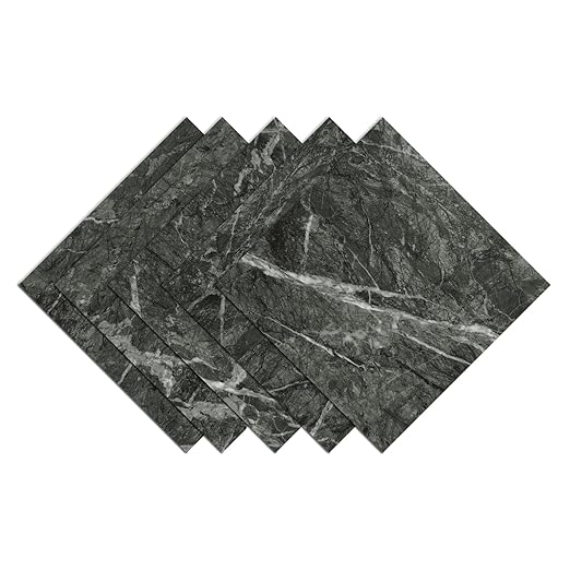 Wallercity 5PCS Black Marble Vinyl Flooring Peel and Stick Floor Tiles for Bathroom Stick on Tile Floor Stickers Self-Adhesive Waterproof Non-Slip Flooring Tile Sheets for Balcony Kitchen 12''x12''
