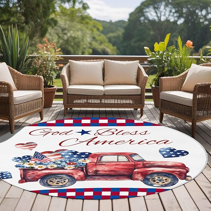 Red Truck USA Flag Stars Large Round Rug 7Ft, God Bless America Circle Area Rugs Washable Non Slip Indoor Floor Mats Carpet for Living Room Bedroom Dining Room Home Decor