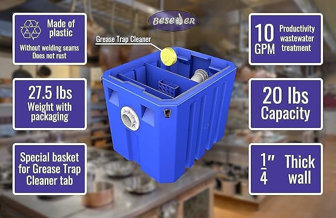 Grease Trap + Grease Trap Cleaner - Grease Interceptor 10 GPM - Grease Traps For Restaurants + Grease Trap Tablets 12 pcs - 20 Lb Grease Trap Interceptor - Plastic Under Sink Grease Trap