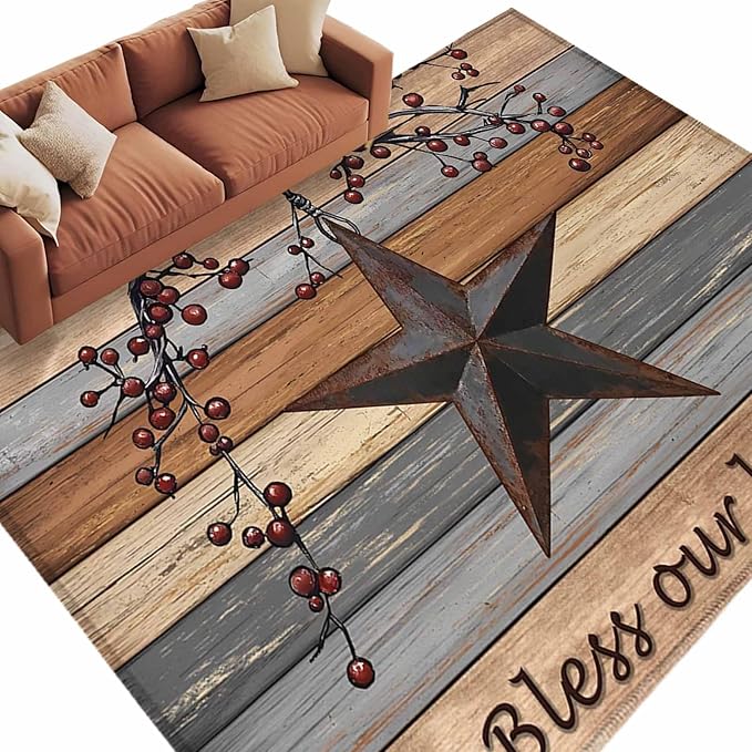 Country Stars 6'x9' Large Area Rugs, Vintage Rust Black Star Berry Brown Light Blue Wood Grain Washable Area Rugs Non-Slip Indoor Floor Mats Large Carpet for Living Room Bedroom Dining Room