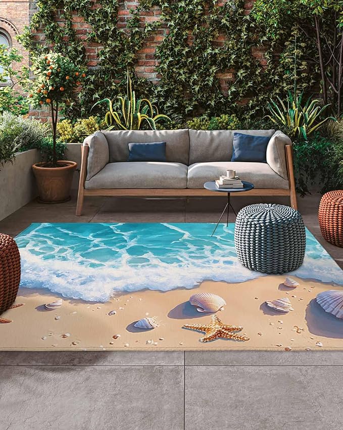 Outdoor Area Rugs for Patio 6'x9' Ocean Gradient Spray Beach Shell Starfish Entryway Rug Carpet Doormat, Large Floor Mat for Porch, Backyard, Apartment Balcony, Deck, Beach