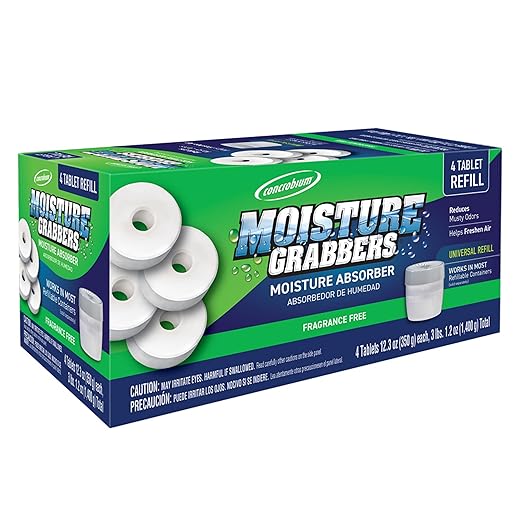 Concrobium Moisture Grabbers Refill Tablets, 4 Pack, Moisture Absorber Refills for Compatible Refillable Containers Only, Helps Reduce Dampness and Musty Odors, Fragrance Free