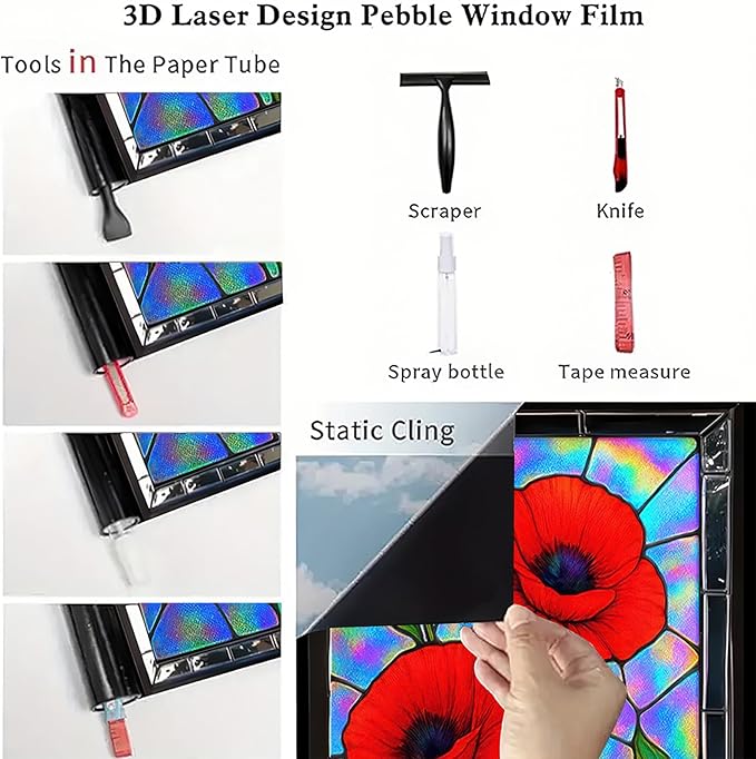 Red Poppy Window Film Iridescent Stained Glass Privacy Panel Static Cling No Glue Decorative Cover for Kitchen Studio Door Partition 17.7x39.3 inch