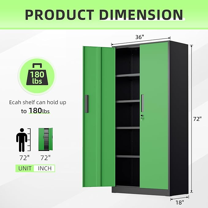 Bonusall 72" Metal Garage Storage Cabinet， Heavy-Duty Steel Cabinet with 2 Locking Doors & 5 Adjustable Shelves for Home, Office, or Workshop Organization(Black Green)