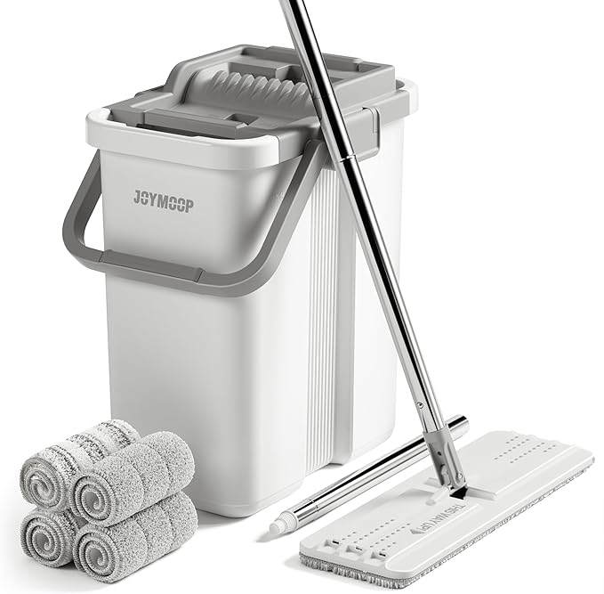 JOYMOOP Mop and Bucket with Wringer Set, Flat Squeeze Mop Flat Head, Dust Mops for Wall Cleaner with Long Handle, Hands-Free Microfiber Mops for Floor Cleaning - White