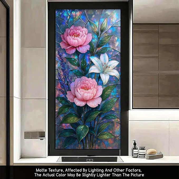 Peony Lily Window Film Dreamy Stained Glass Style Privacy Panel Static Cling No Glue Decorative Cover for Bedroom Door Studio Vanity 17.7x39.3 inch