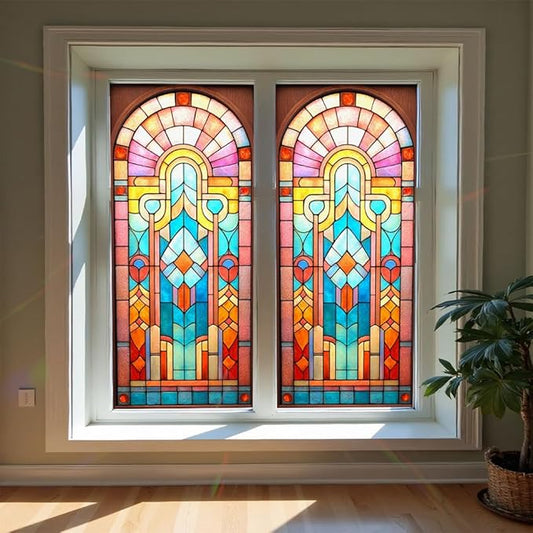Stained Glass Window Film 17.3 x 39.4 Inch Decorative Privacy Window Sticker Colorful Geometric Static Cling Window Cover for Bathroom Bedroom Office Home Glass Decor
