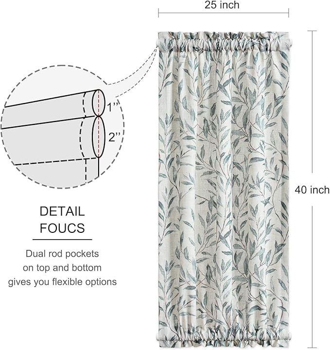 VOGOL Leaves Print Patio Door Curtain, Light Filtering Front Door Curtains for Glass Window, 1 Piece Short Drapery Rod Pocket Panels for Kitchen, 25x40 in