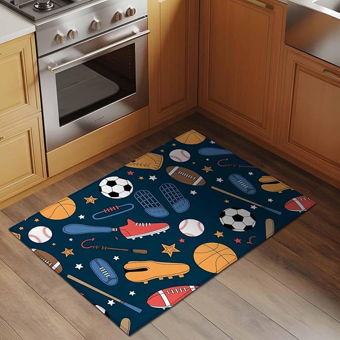 Cartoon Sports Entryway Rug 2'x3', Baseball Soccer Basketball Rugby Sneakers Small Area Rug Non-Slip Front Door Mat Washable Floor Carpet for Indoor Entrance Kitchen Bathroom