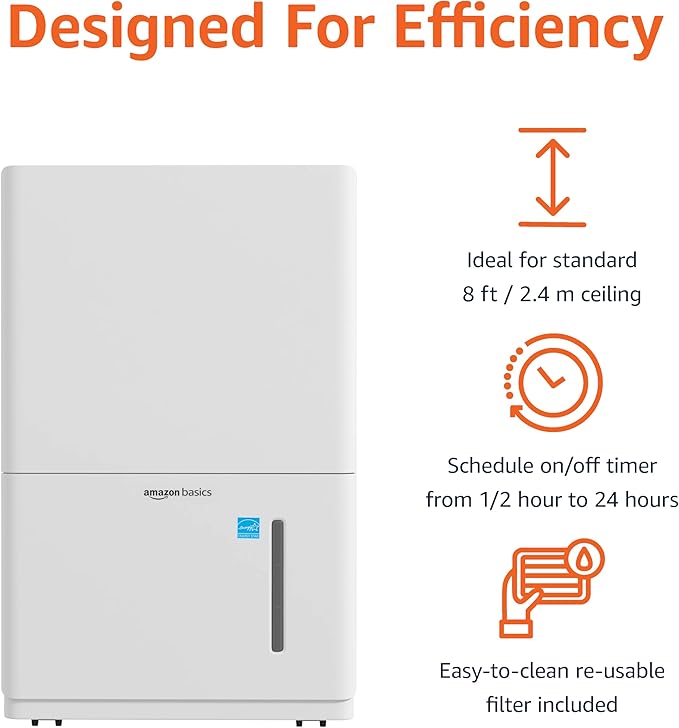 Amazon Basics 50-Pint Large Dehumidifier with Pump, Energy Star Certified, Humidity Control, Auto-Defrost, Timer, Overflow Protection for Rooms up to 4000 SFT, White