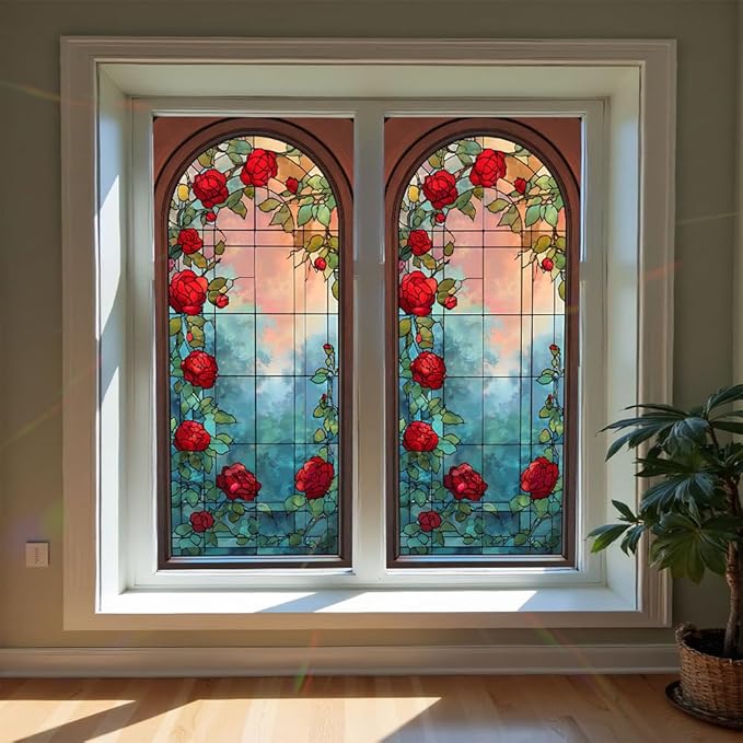 Window Privacy Film 17x39 Inch Stained Glass Rose Design Peel and Stick Static Cling Decorative Window Film for Home Office Living Room Bathroom Door Glass Covering