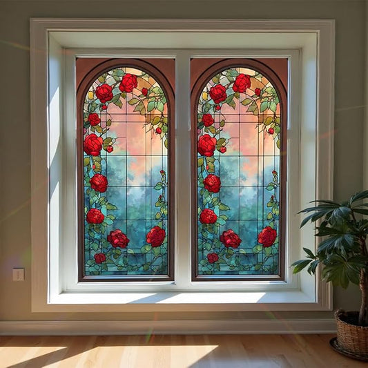 Window Privacy Film 17x39 Inch Stained Glass Rose Design Peel and Stick Static Cling Decorative Window Film for Home Office Living Room Bathroom Door Glass Covering