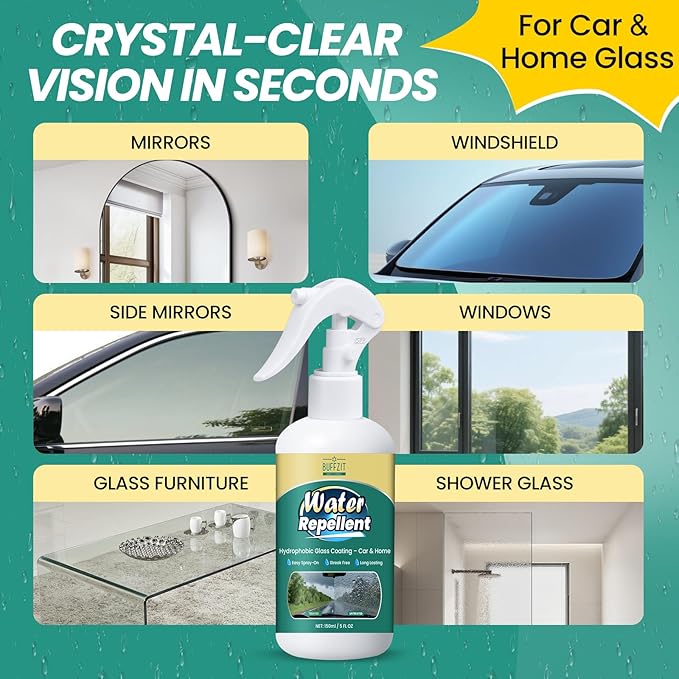 Glass Water Repellent Spray - Hydrophobic Rain Repellent for Car Windshield, Shower Doors, Windows & Mirrors - Long-Lasting Waterproof Treatment, Streak-Free Vision, Prevents Water Spots, 5 oz / 150ml