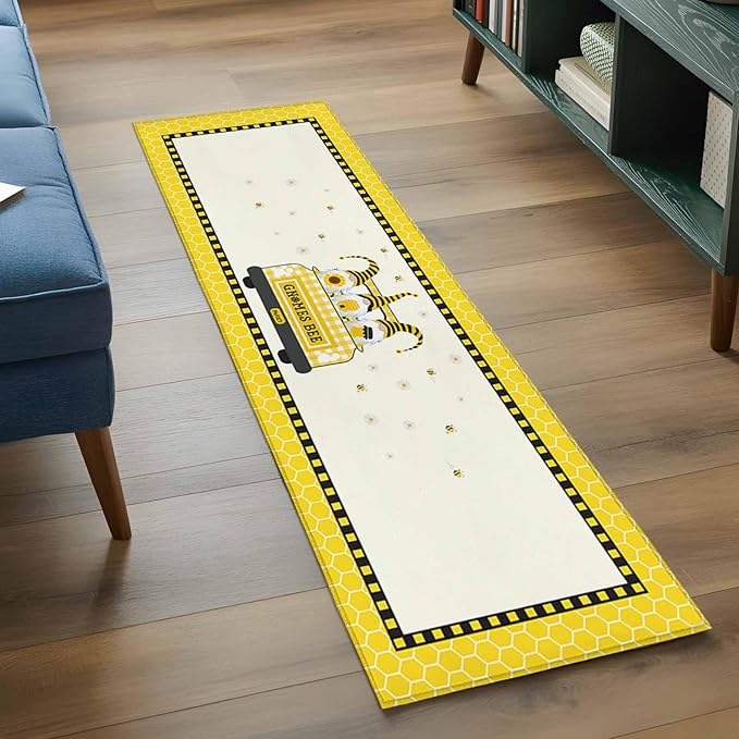 Honey Gnomes Runner Rug 2'x6', Bees Hive Sunflower Truck Hallway Runner Rugs Washable Non-Slip Bedside Floor Mats Carpet for Kitchen Bedroom Laundry Room Bathroom