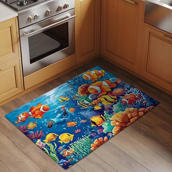 Ocean Marine Entryway Rug 2'x3', Life Fish Coral Seagrass Underwater Coastal Small Area Rug Non-Slip Front Door Mat Washable Floor Carpet for Indoor Entrance Kitchen Bathroom