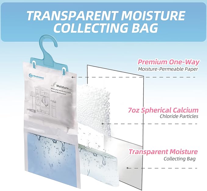 Wisesorb Moisture Absorber Refill Hanging Bags, 12 Pack (200g Each) – Calcium Chloride Dehumidifier Bags with 6 Reusable Hooks, Closet & Bathroom Dehumidifier Bags
