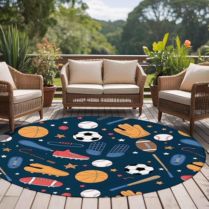 Cartoon Sports Round Rug 6 Ft, Baseball Soccer Basketball Rugby Sneakers Circle Area Rugs Washable Non Slip Indoor Floor Mats Carpet for Living Room Bedroom Dining Room Home Decor