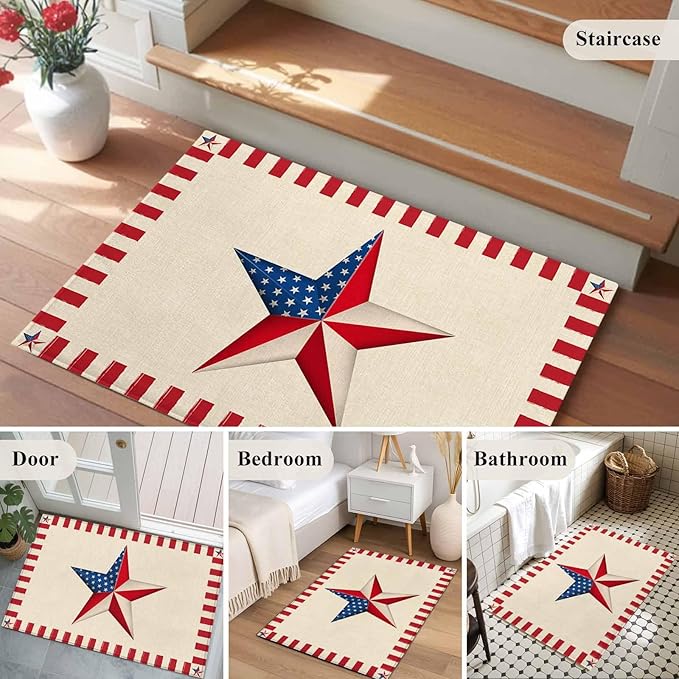 Farmhouse American Flag Pentagram Entryway Rug 2'x3', Small Area Rug Non-Slip Front Door Mat Washable Floor Carpet for Indoor Entrance Kitchen Bathroom