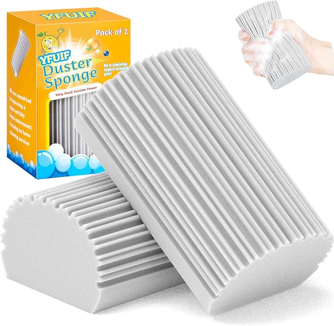 2 Pack Damp Clean Duster Sponge, Magic Sponge Eraser for Household Cleaning, Reusable Dusters Cleaning Supplies for Housekeeping, Dish, Blinds, Glass, Baseboards,Window Track Grooves and Faucets