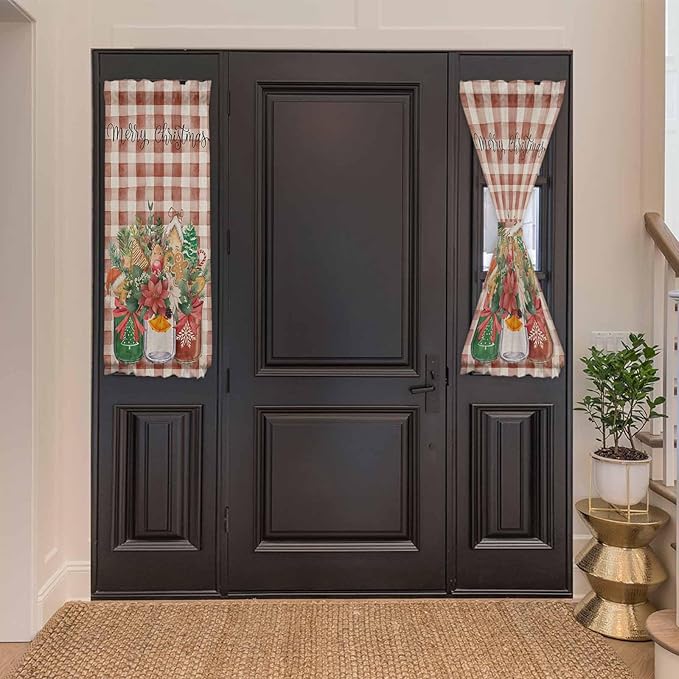 Christmas French Door Curtain Panel for Front Door, Xmas Floral Gingerbread Bottles Vintage Red Plaid Slidelight Door Curtains with Tieback Light Filtering Privacy Panels for Entryway 25"x 40"