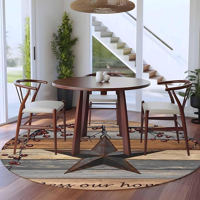Country Stars Round Rug 5 Ft, Vintage Rust Black Star Berry Brown Light Blue Wood Grain Circle Area Rugs Washable Non Slip Indoor Floor Mats Carpet for Living Room Bedroom Dining Room Home Decor