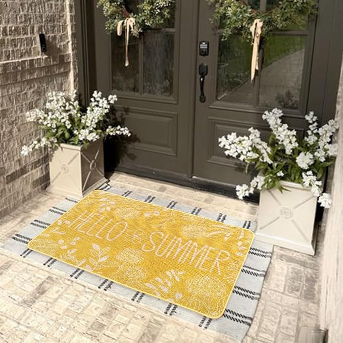 Hello Summer Door Mat Welcome Doormat, Plants Outdoor Rug Leaves Decor Floor Front Door Mat Non-Slip Entrance Mat for Home Kitchen Bathroom Decorations 17 X 29 Inch (Yellow)