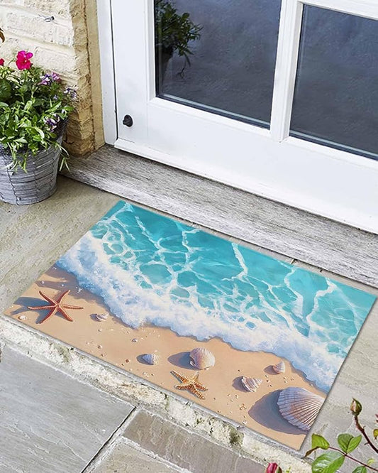 Front Door Mat Indoor Outdoor Summer Watercolor Ocean Beach Non-Slip Doormat Low Profile Patio Porch Entryway Rug 18x30in Marine Starfish Shell Spray